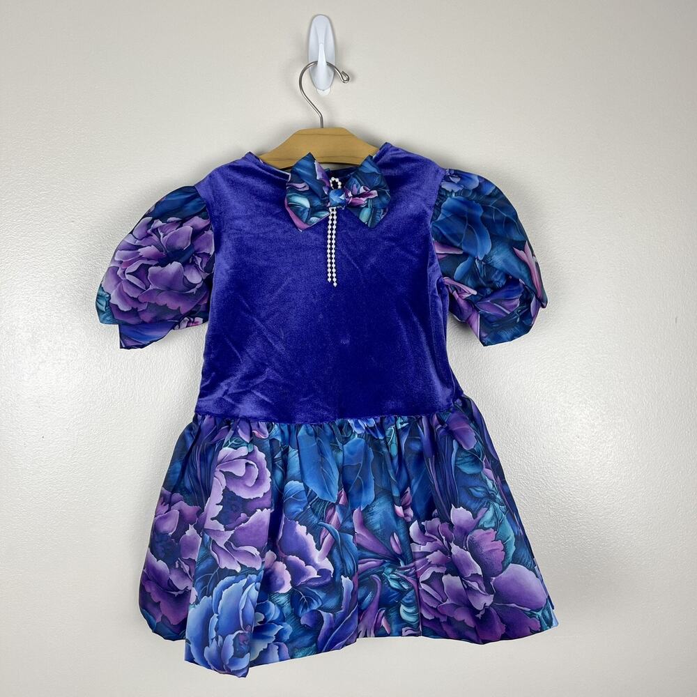 Vintage Allison Ann Velvet Flower Floral Lace Dress Size 5 Purple Blue Pearl Bow